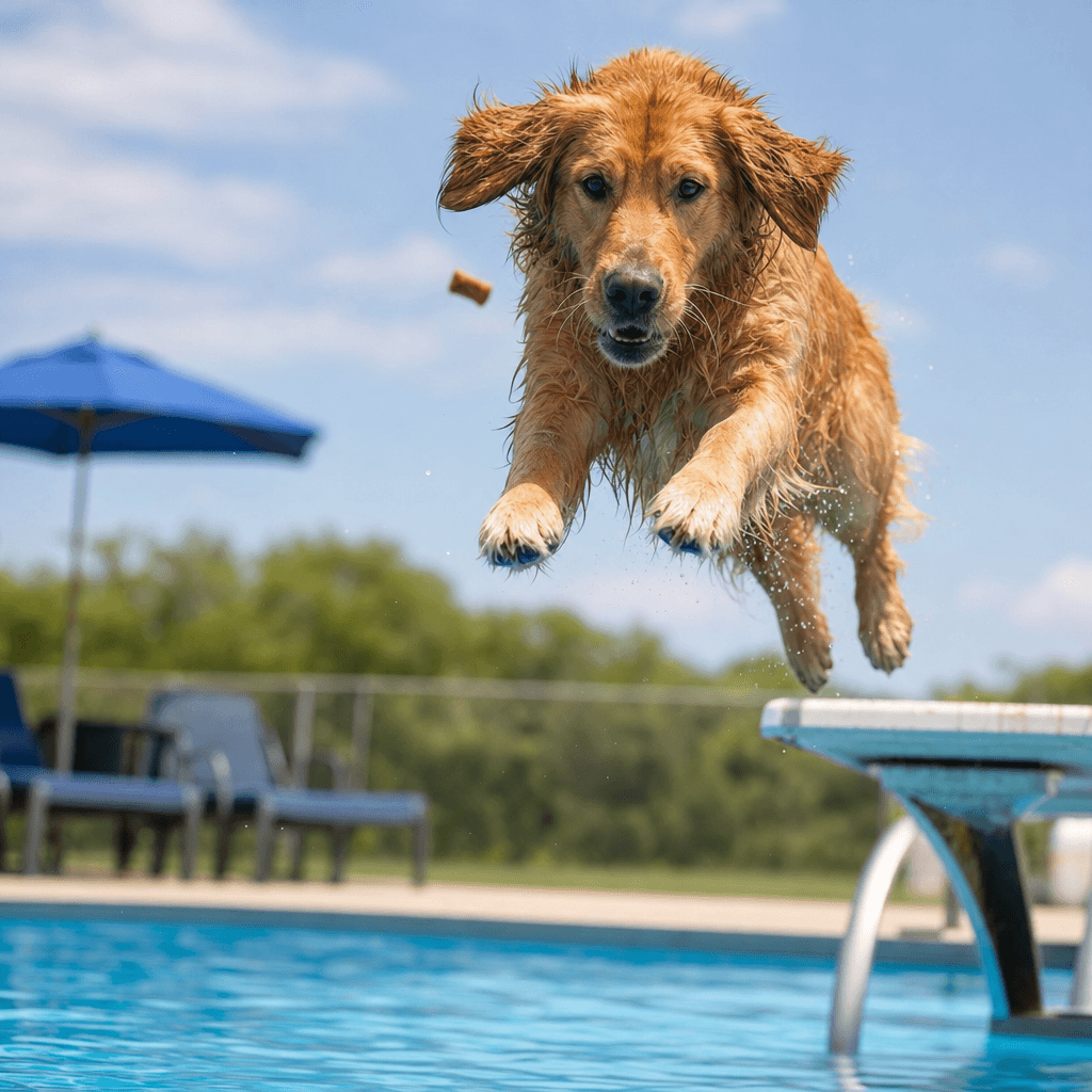 Golden retriever diving into water