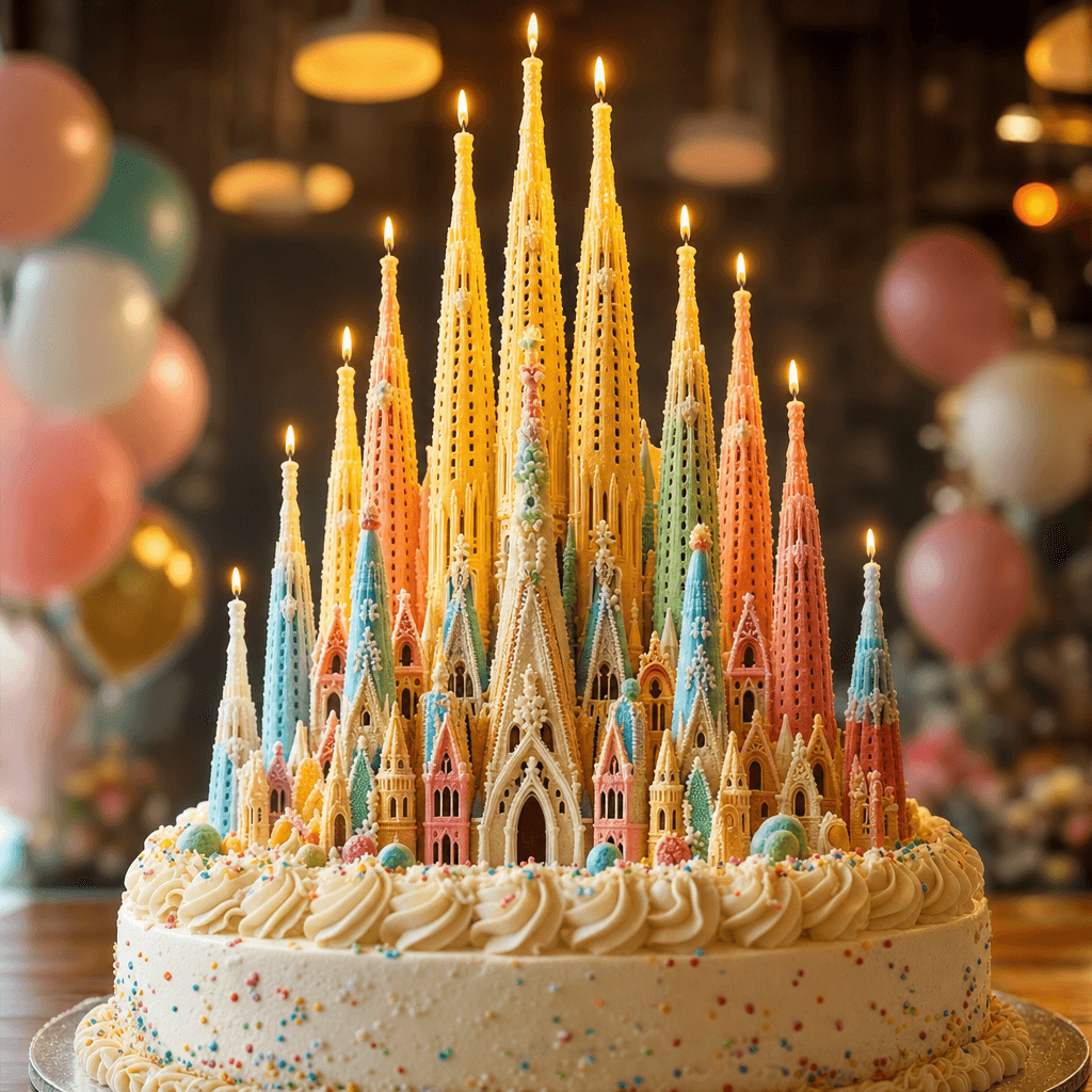 Sagrada Família cake with lit candles