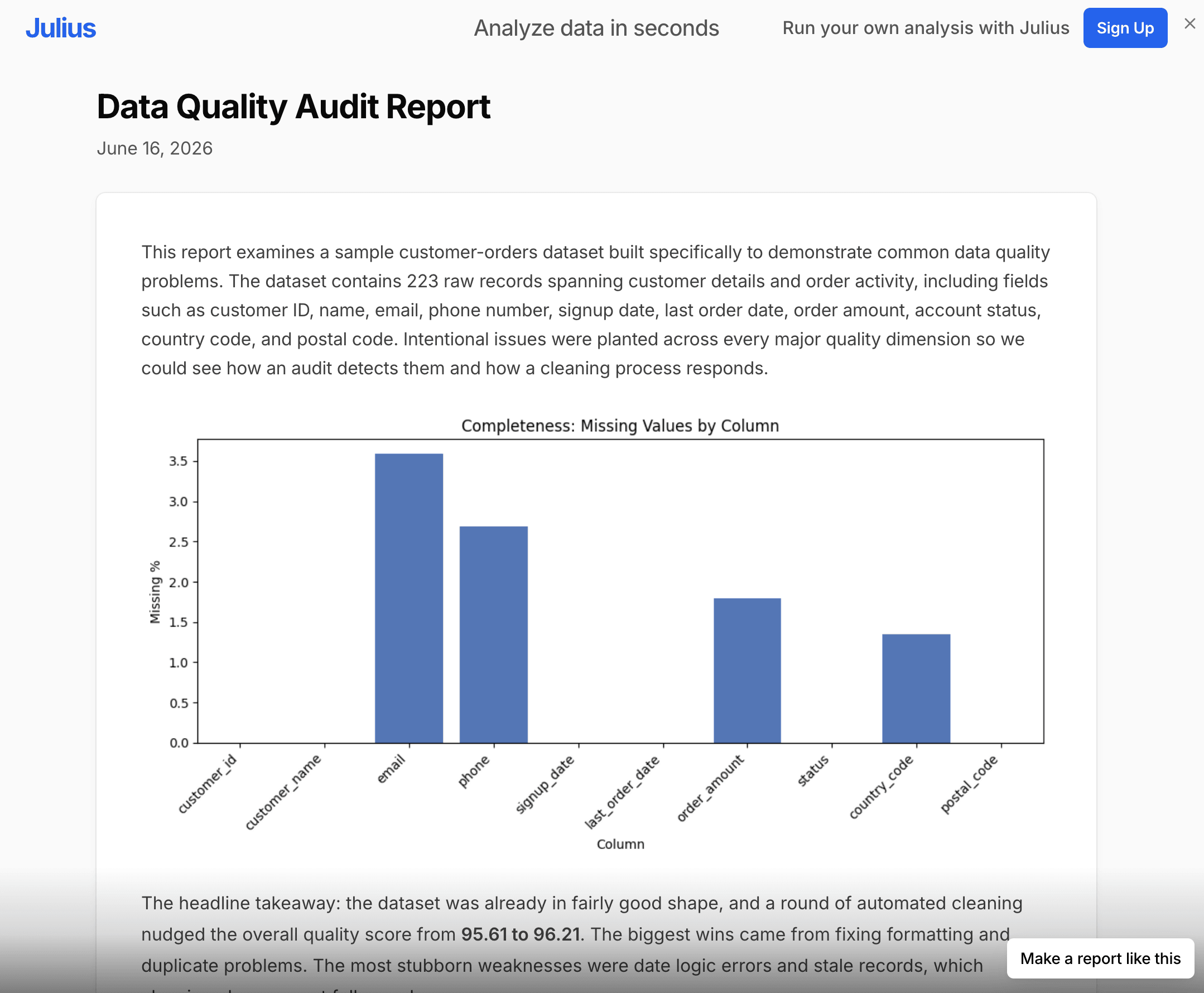 Data quality audit example report made in Julius
