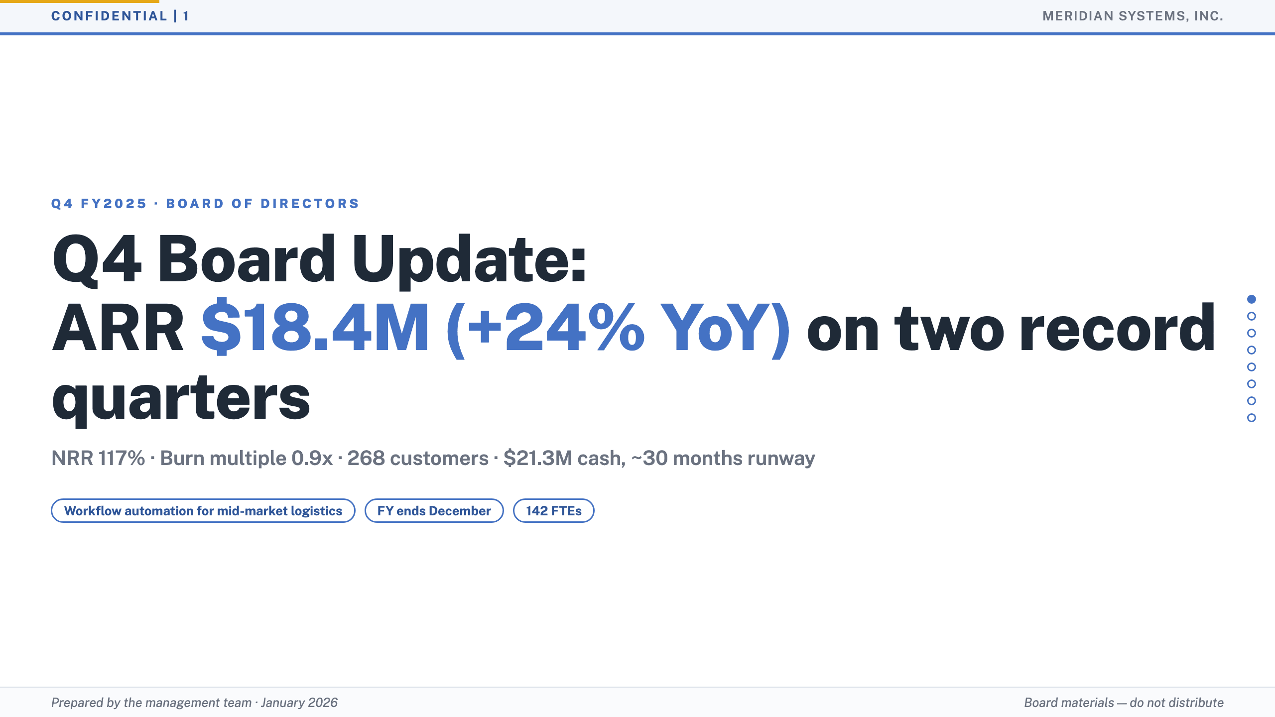 Quarterly board update example deck made in Julius