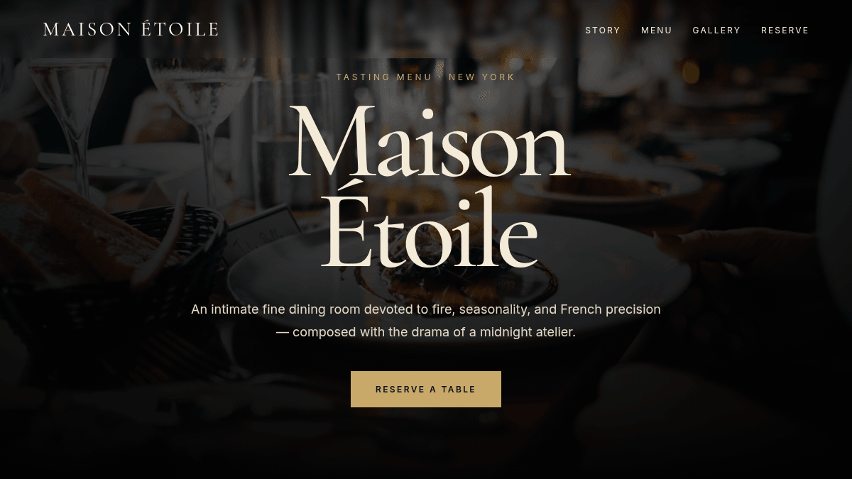 Fine dining restaurant example website made in Julius