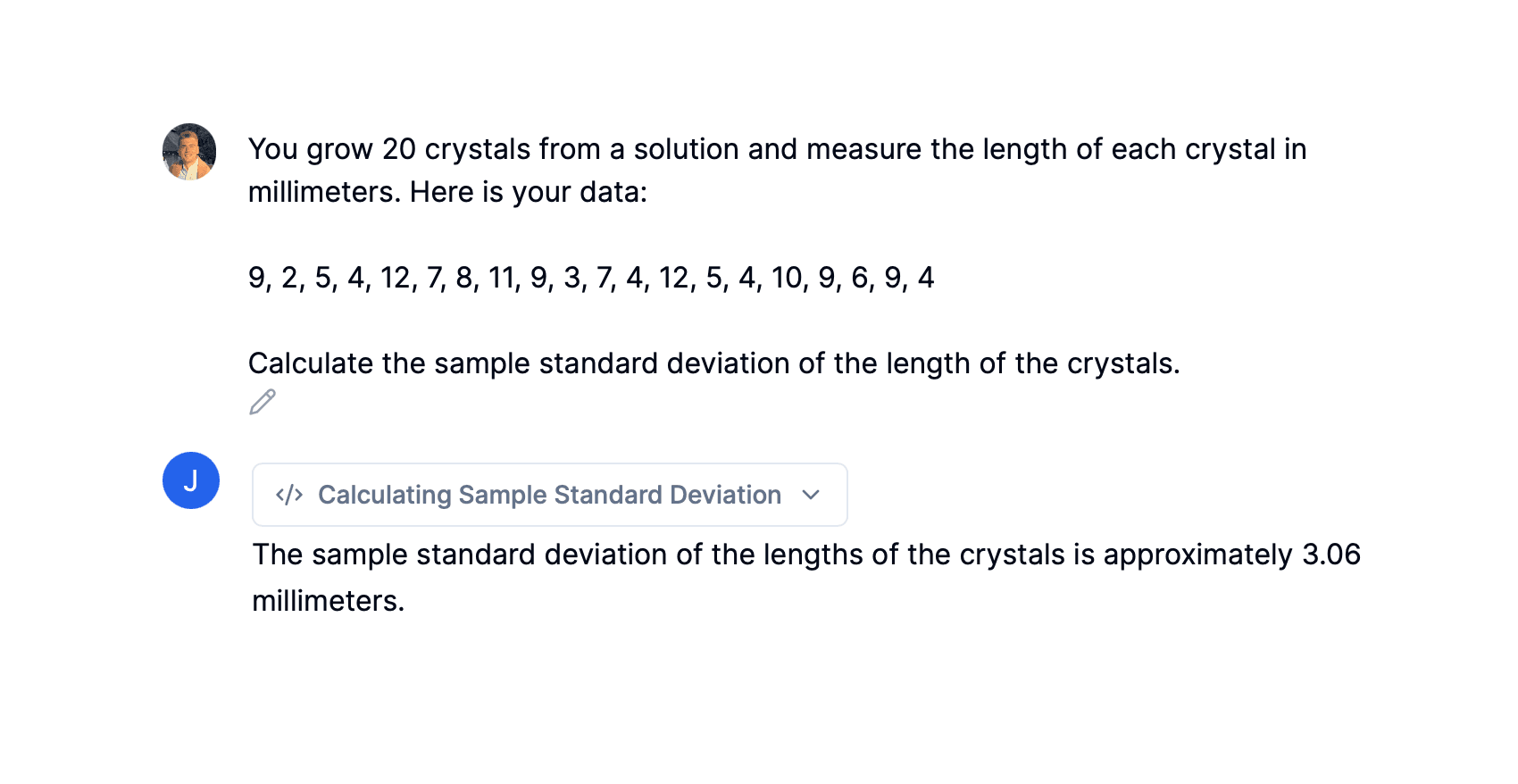 Standard deviation calculation being performed in statistical software.