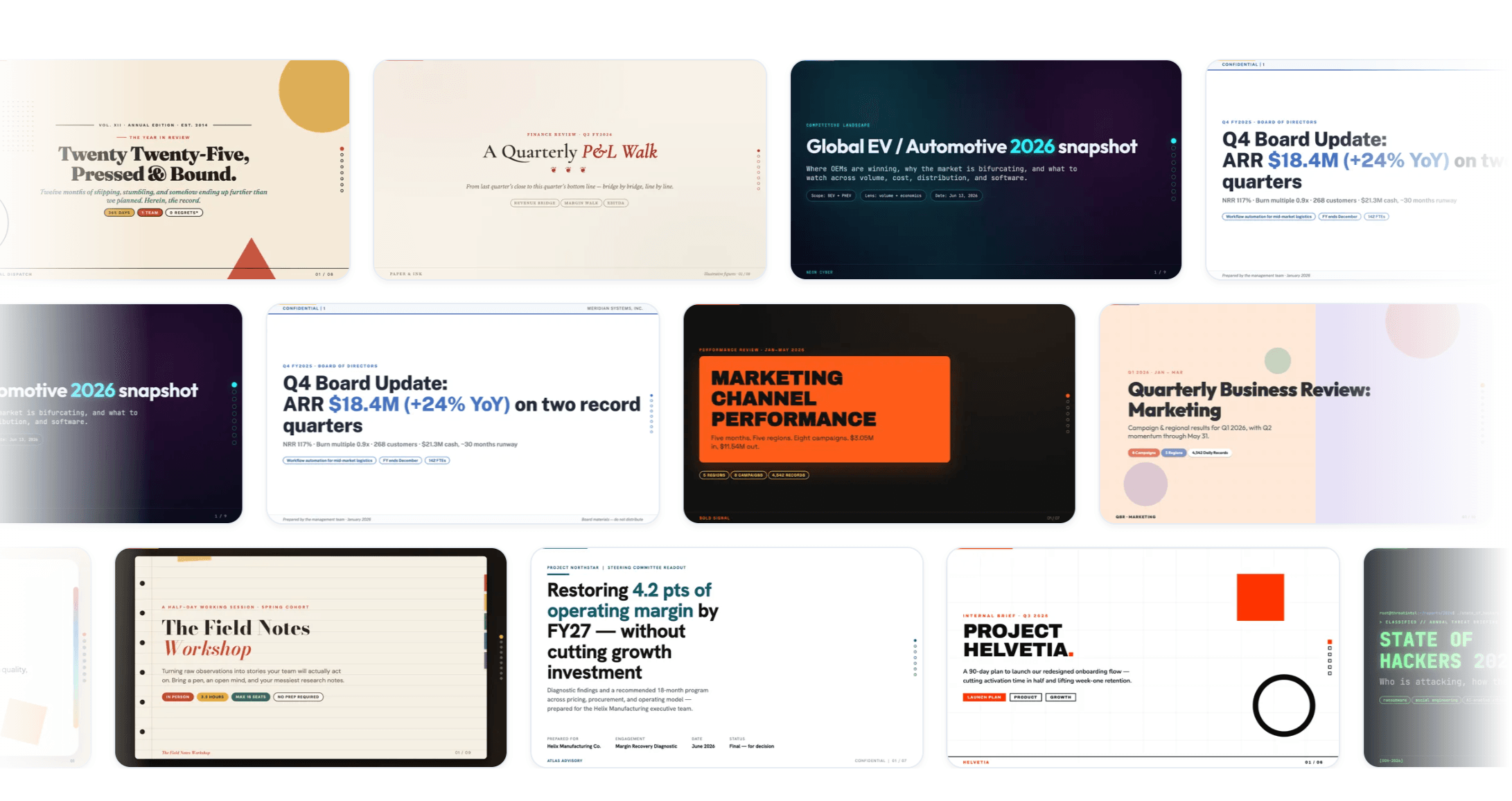 A gallery of presentation templates available in Julius